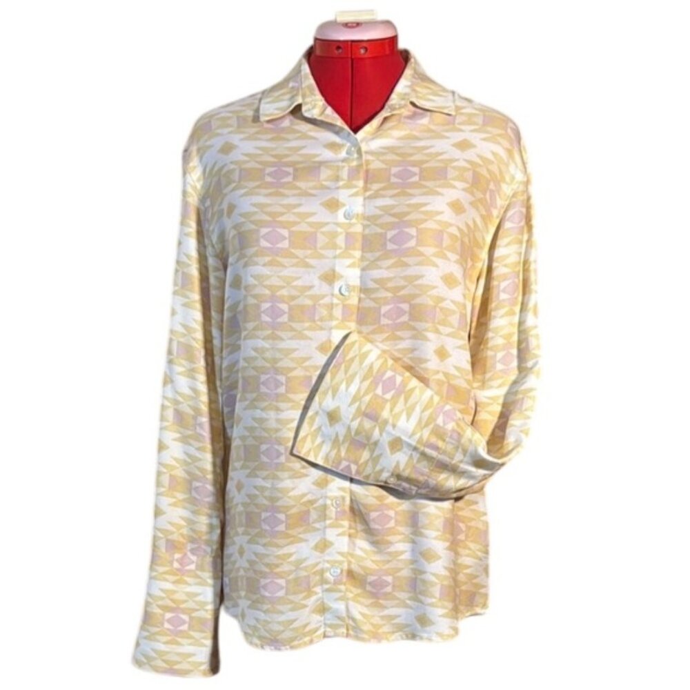 Simons Icone Yellow and Purple Geometric Patterned Button-Up Shirt Size XS